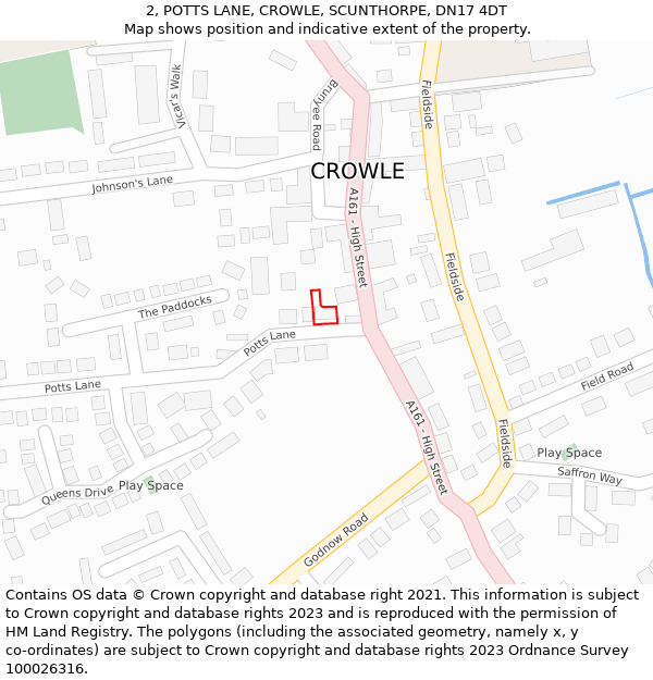 2, POTTS LANE, CROWLE, SCUNTHORPE, DN17 4DT: Location map and indicative extent of plot