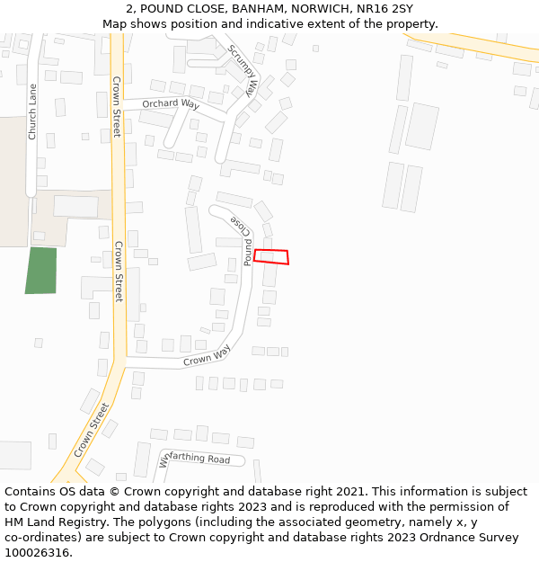 2, POUND CLOSE, BANHAM, NORWICH, NR16 2SY: Location map and indicative extent of plot