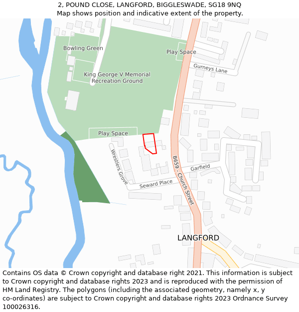 2, POUND CLOSE, LANGFORD, BIGGLESWADE, SG18 9NQ: Location map and indicative extent of plot