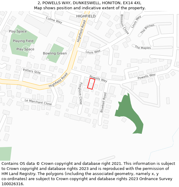 2, POWELLS WAY, DUNKESWELL, HONITON, EX14 4XL: Location map and indicative extent of plot