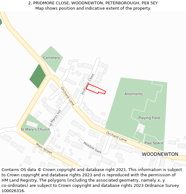 2, PRIDMORE CLOSE, WOODNEWTON, PETERBOROUGH, PE8 5EY: Location map and indicative extent of plot