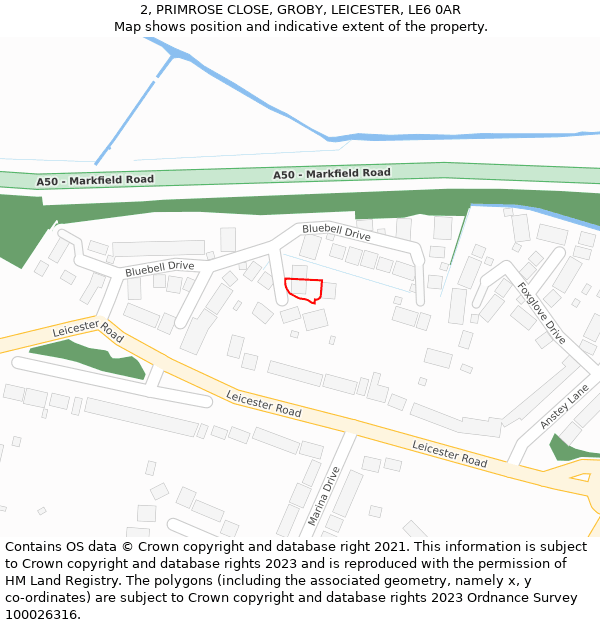 2, PRIMROSE CLOSE, GROBY, LEICESTER, LE6 0AR: Location map and indicative extent of plot