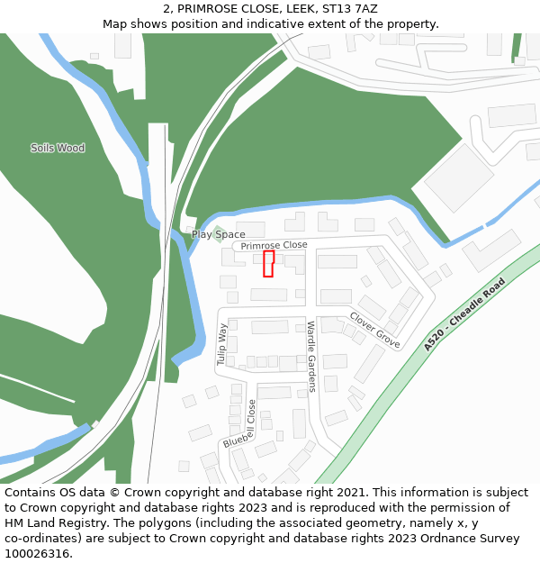 2, PRIMROSE CLOSE, LEEK, ST13 7AZ: Location map and indicative extent of plot