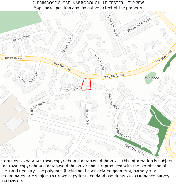 2, PRIMROSE CLOSE, NARBOROUGH, LEICESTER, LE19 3FW: Location map and indicative extent of plot
