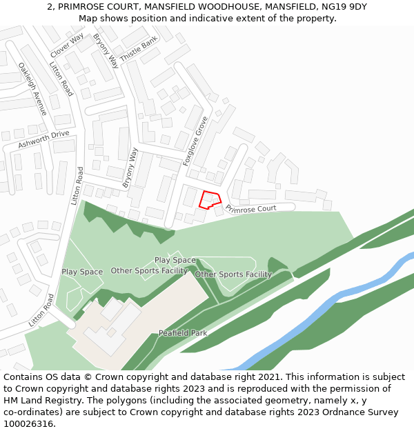 2, PRIMROSE COURT, MANSFIELD WOODHOUSE, MANSFIELD, NG19 9DY: Location map and indicative extent of plot