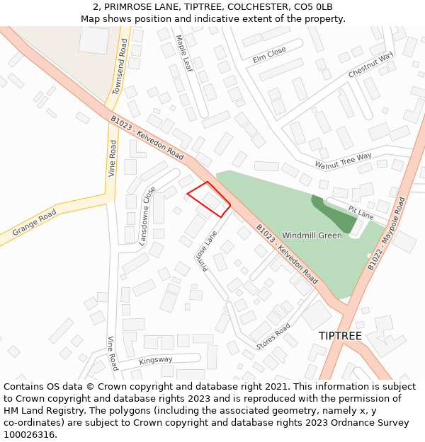 2, PRIMROSE LANE, TIPTREE, COLCHESTER, CO5 0LB: Location map and indicative extent of plot