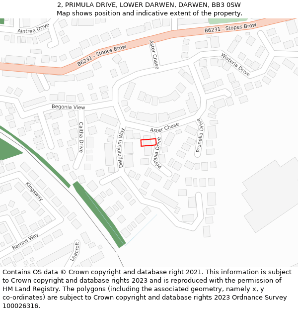 2, PRIMULA DRIVE, LOWER DARWEN, DARWEN, BB3 0SW: Location map and indicative extent of plot