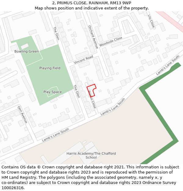 2, PRIMUS CLOSE, RAINHAM, RM13 9WP: Location map and indicative extent of plot