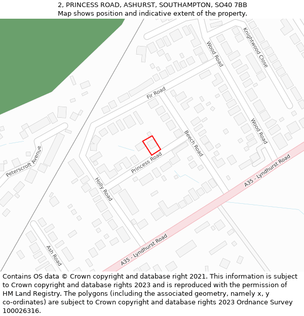 2, PRINCESS ROAD, ASHURST, SOUTHAMPTON, SO40 7BB: Location map and indicative extent of plot