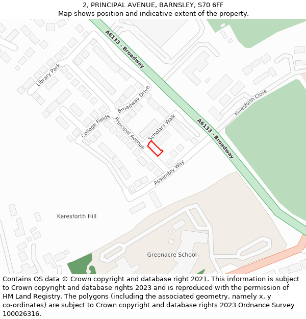 2, PRINCIPAL AVENUE, BARNSLEY, S70 6FF: Location map and indicative extent of plot