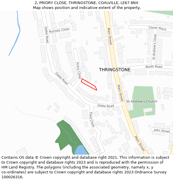 2, PRIORY CLOSE, THRINGSTONE, COALVILLE, LE67 8NX: Location map and indicative extent of plot