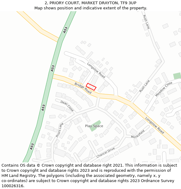 2, PRIORY COURT, MARKET DRAYTON, TF9 3UP: Location map and indicative extent of plot