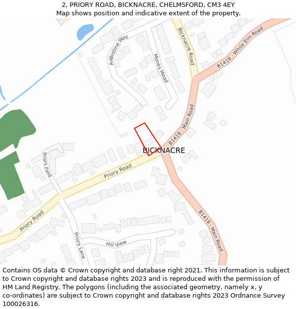 2, PRIORY ROAD, BICKNACRE, CHELMSFORD, CM3 4EY: Location map and indicative extent of plot