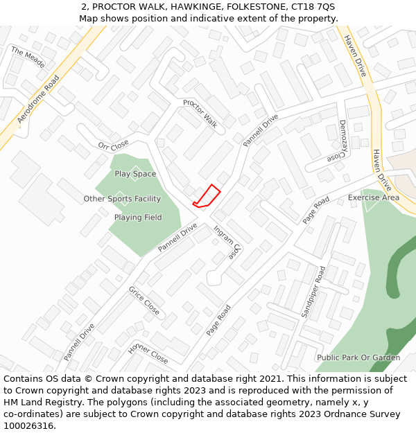 2, PROCTOR WALK, HAWKINGE, FOLKESTONE, CT18 7QS: Location map and indicative extent of plot