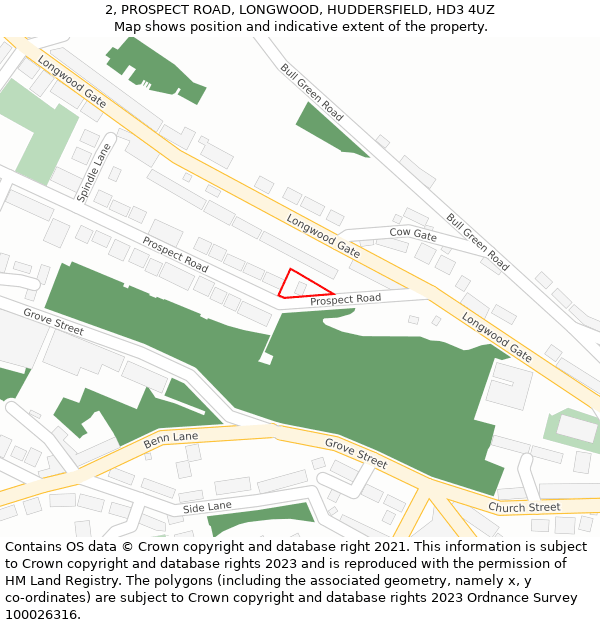 2, PROSPECT ROAD, LONGWOOD, HUDDERSFIELD, HD3 4UZ: Location map and indicative extent of plot