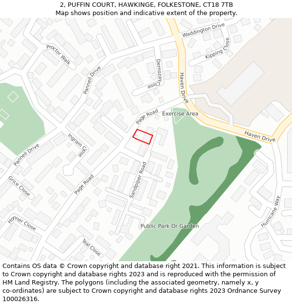 2, PUFFIN COURT, HAWKINGE, FOLKESTONE, CT18 7TB: Location map and indicative extent of plot