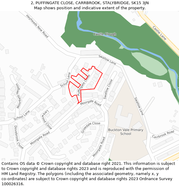 2, PUFFINGATE CLOSE, CARRBROOK, STALYBRIDGE, SK15 3JN: Location map and indicative extent of plot
