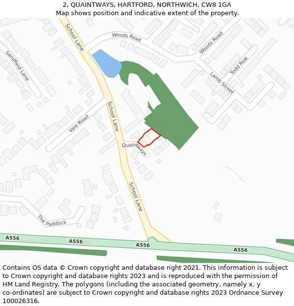 2, QUAINTWAYS, HARTFORD, NORTHWICH, CW8 1GA: Location map and indicative extent of plot