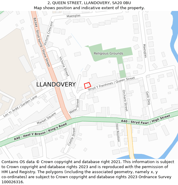 2, QUEEN STREET, LLANDOVERY, SA20 0BU: Location map and indicative extent of plot