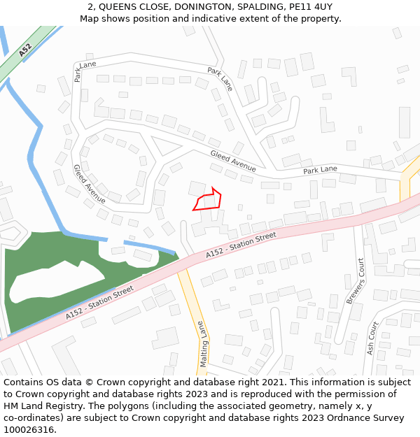 2, QUEENS CLOSE, DONINGTON, SPALDING, PE11 4UY: Location map and indicative extent of plot