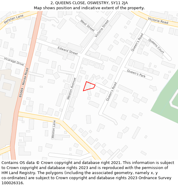 2, QUEENS CLOSE, OSWESTRY, SY11 2JA: Location map and indicative extent of plot