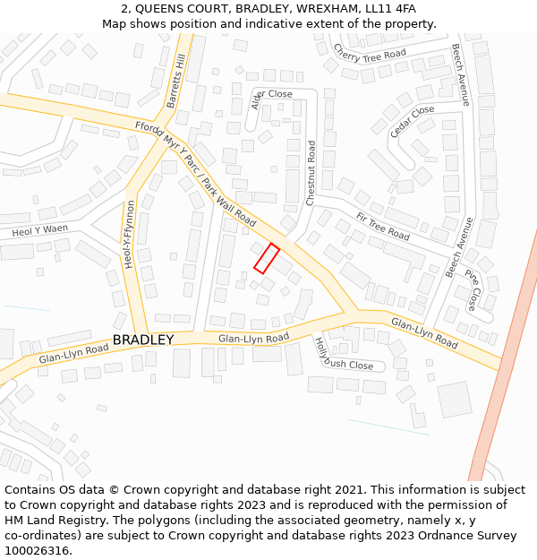 2, QUEENS COURT, BRADLEY, WREXHAM, LL11 4FA: Location map and indicative extent of plot