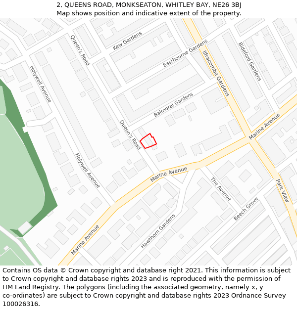 2, QUEENS ROAD, MONKSEATON, WHITLEY BAY, NE26 3BJ: Location map and indicative extent of plot