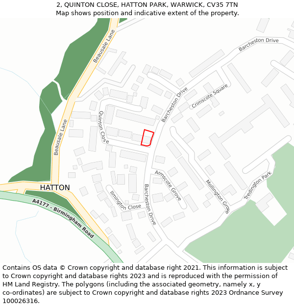 2, QUINTON CLOSE, HATTON PARK, WARWICK, CV35 7TN: Location map and indicative extent of plot