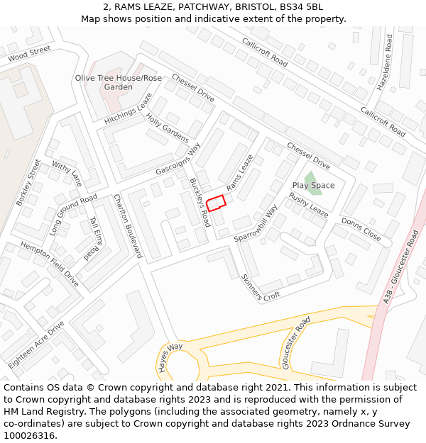 2, RAMS LEAZE, PATCHWAY, BRISTOL, BS34 5BL: Location map and indicative extent of plot