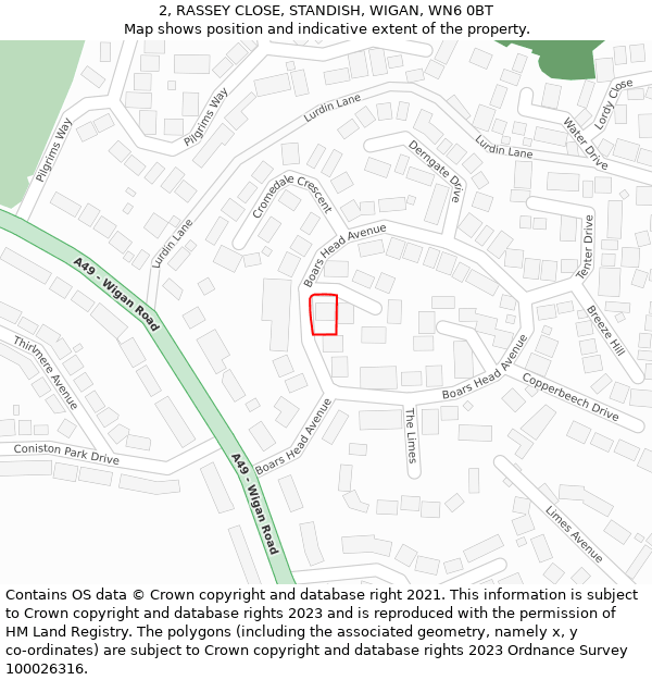 2, RASSEY CLOSE, STANDISH, WIGAN, WN6 0BT: Location map and indicative extent of plot