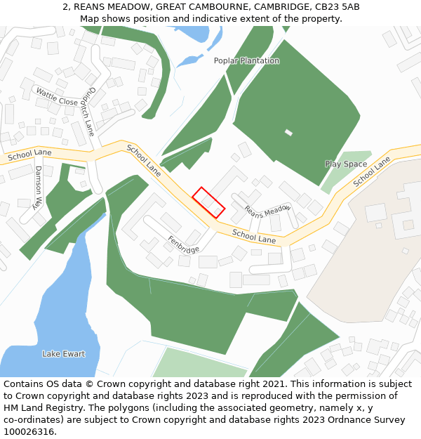 2, REANS MEADOW, GREAT CAMBOURNE, CAMBRIDGE, CB23 5AB: Location map and indicative extent of plot