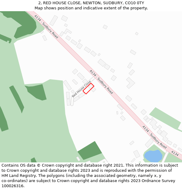 2, RED HOUSE CLOSE, NEWTON, SUDBURY, CO10 0TY: Location map and indicative extent of plot