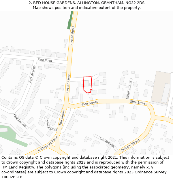 2, RED HOUSE GARDENS, ALLINGTON, GRANTHAM, NG32 2DS: Location map and indicative extent of plot