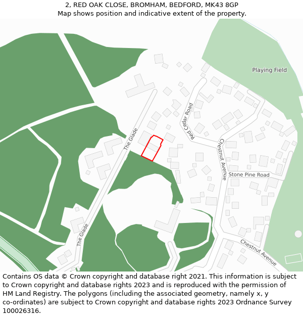 2, RED OAK CLOSE, BROMHAM, BEDFORD, MK43 8GP: Location map and indicative extent of plot