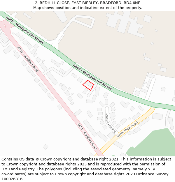 2, REDHILL CLOSE, EAST BIERLEY, BRADFORD, BD4 6NE: Location map and indicative extent of plot