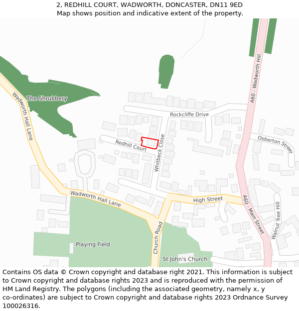 2, REDHILL COURT, WADWORTH, DONCASTER, DN11 9ED: Location map and indicative extent of plot