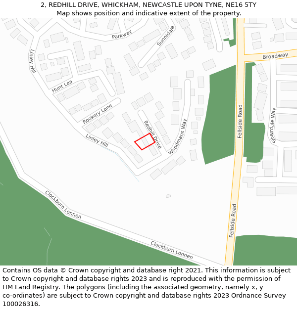 2, REDHILL DRIVE, WHICKHAM, NEWCASTLE UPON TYNE, NE16 5TY: Location map and indicative extent of plot