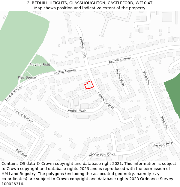 2, REDHILL HEIGHTS, GLASSHOUGHTON, CASTLEFORD, WF10 4TJ: Location map and indicative extent of plot