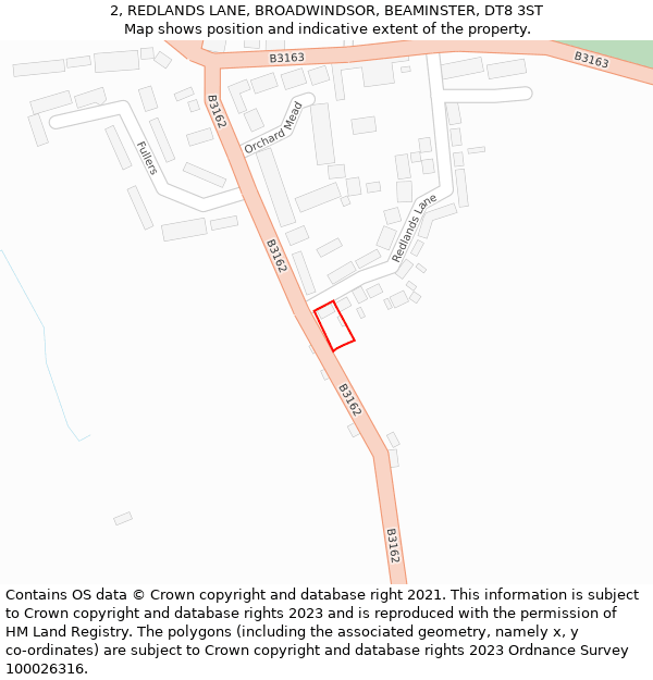 2, REDLANDS LANE, BROADWINDSOR, BEAMINSTER, DT8 3ST: Location map and indicative extent of plot