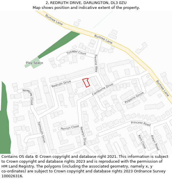 2, REDRUTH DRIVE, DARLINGTON, DL3 0ZU: Location map and indicative extent of plot