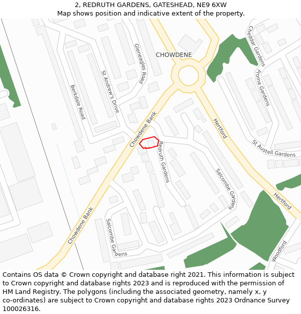 2, REDRUTH GARDENS, GATESHEAD, NE9 6XW: Location map and indicative extent of plot