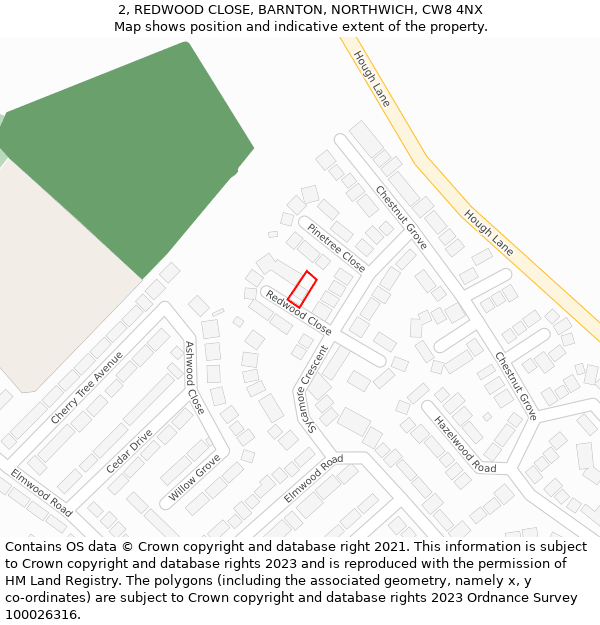 2, REDWOOD CLOSE, BARNTON, NORTHWICH, CW8 4NX: Location map and indicative extent of plot