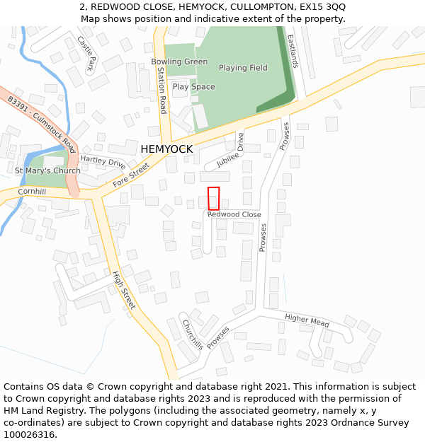 2, REDWOOD CLOSE, HEMYOCK, CULLOMPTON, EX15 3QQ: Location map and indicative extent of plot