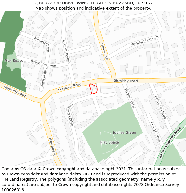 2, REDWOOD DRIVE, WING, LEIGHTON BUZZARD, LU7 0TA: Location map and indicative extent of plot