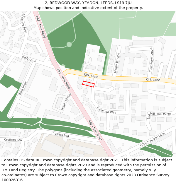 2, REDWOOD WAY, YEADON, LEEDS, LS19 7JU: Location map and indicative extent of plot