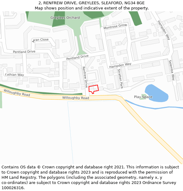 2, RENFREW DRIVE, GREYLEES, SLEAFORD, NG34 8GE: Location map and indicative extent of plot