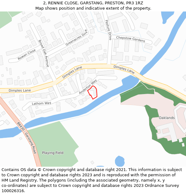 2, RENNIE CLOSE, GARSTANG, PRESTON, PR3 1RZ: Location map and indicative extent of plot