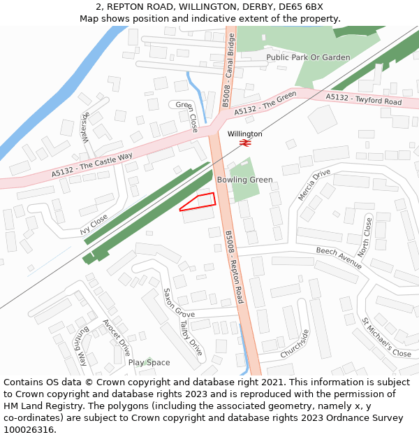 2, REPTON ROAD, WILLINGTON, DERBY, DE65 6BX: Location map and indicative extent of plot