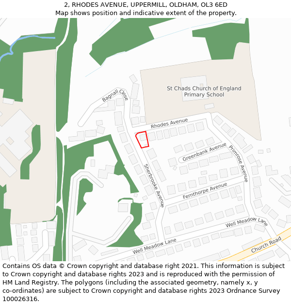 2, RHODES AVENUE, UPPERMILL, OLDHAM, OL3 6ED: Location map and indicative extent of plot