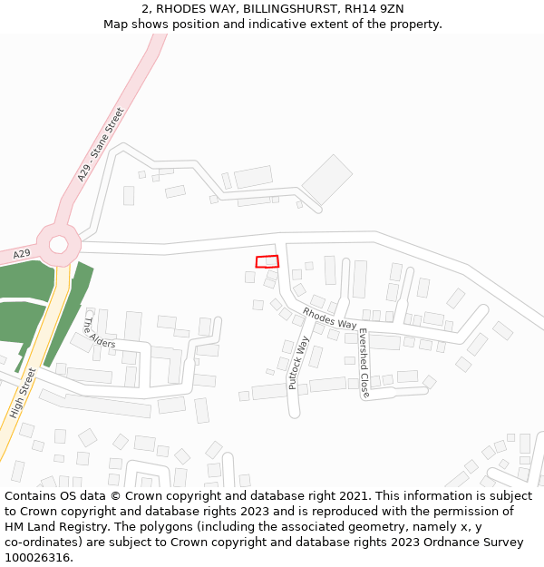 2, RHODES WAY, BILLINGSHURST, RH14 9ZN: Location map and indicative extent of plot
